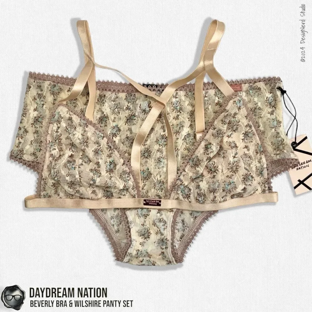 DAYDREAM NATION BEVERLY BRA & WILSHIRE PANTY SET IN TAN DAINTY FLORAL MESH LACE